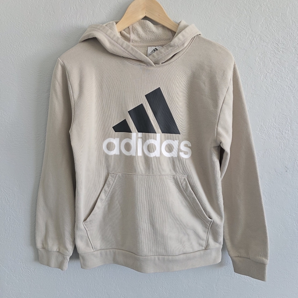Adidas Youth Beige Hoodie Long Sleeve Big Logo Pullover Sweatshirt Sz L (14-16)